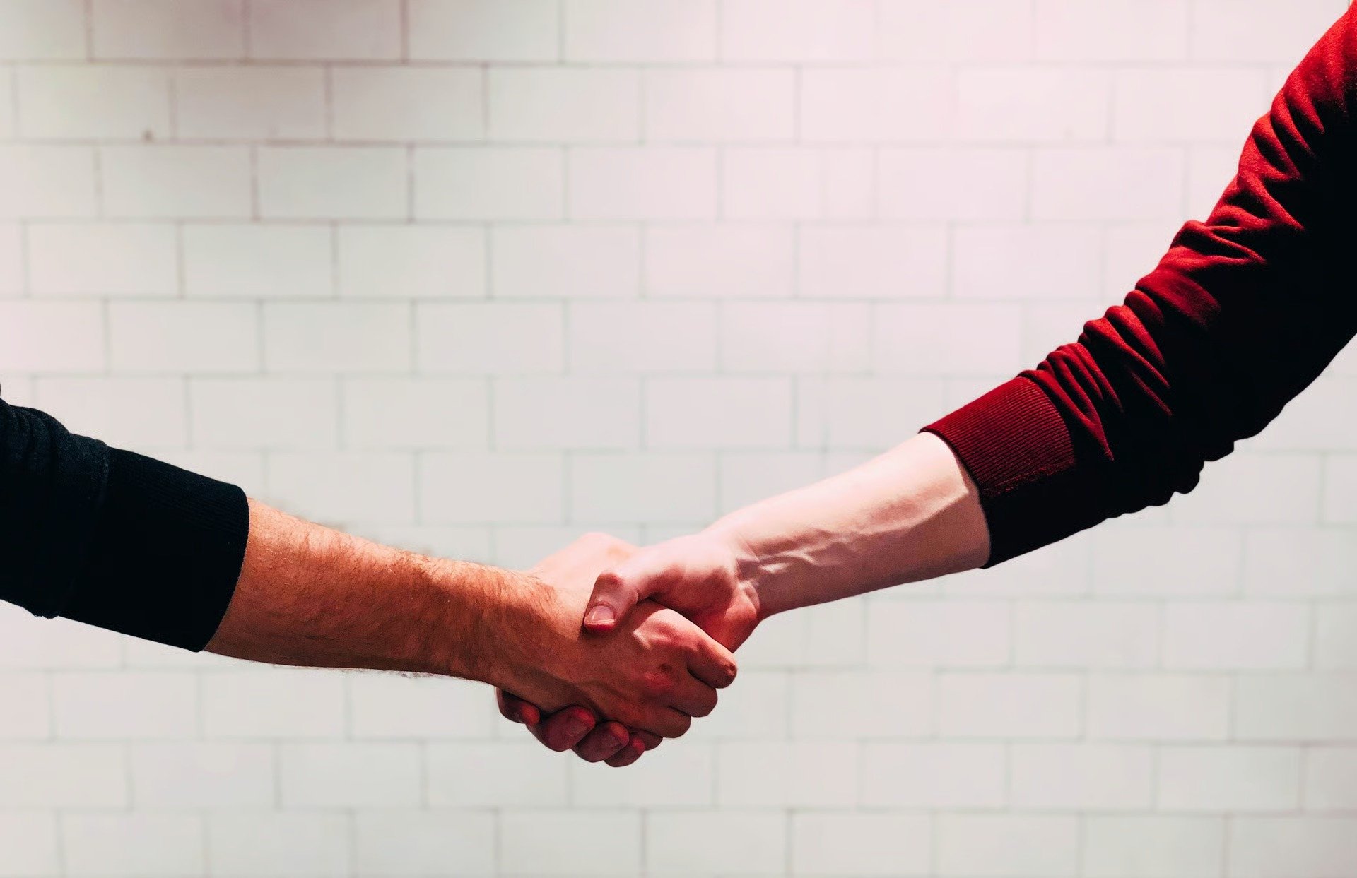 Two people shake hands, one wearing a black sleeve and the other a red sleeve.
