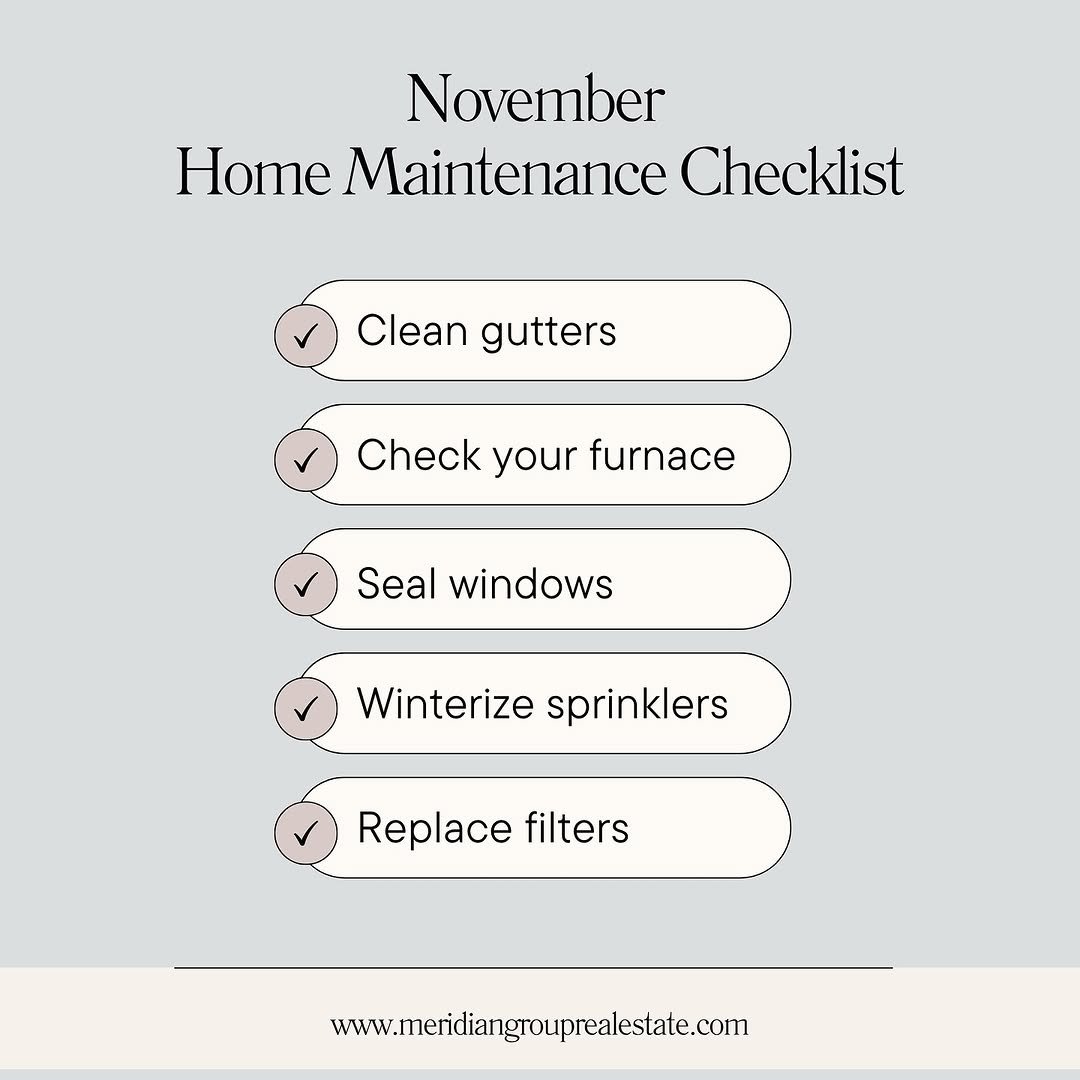 November home maintenance checklist graphic listing tasks: clean gutters, check your furnace, seal windows, winterize sprinklers, and replace filters, with each item marked by a checkmark.