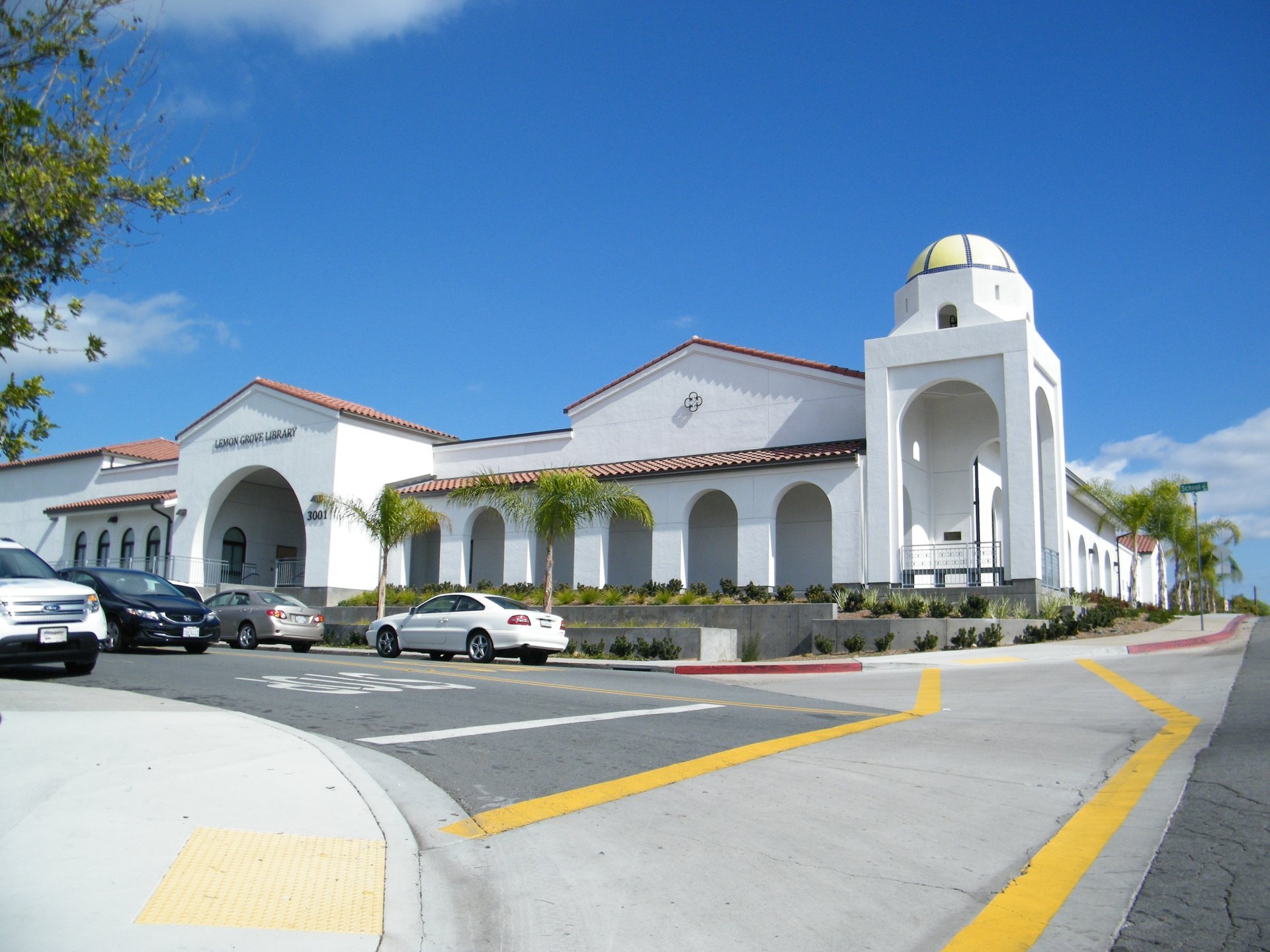 Lemon Grove Library, the domed Mission Revival branch building on School Lane