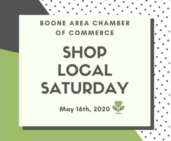 Boone Area Chamber of Commerce Shop Local Saturday flyer, dated May 16th, 2020.