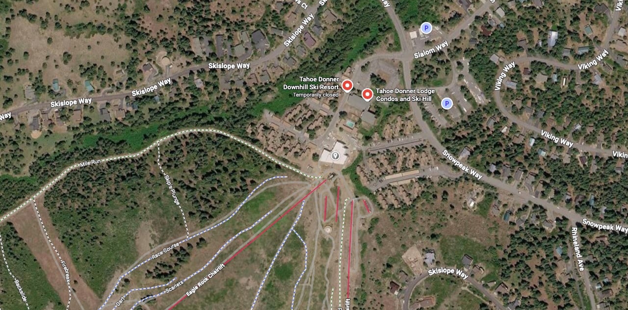 Map of Tahoe Donner’s ski area, lodge, surrounding roads, and labeled ski trails.