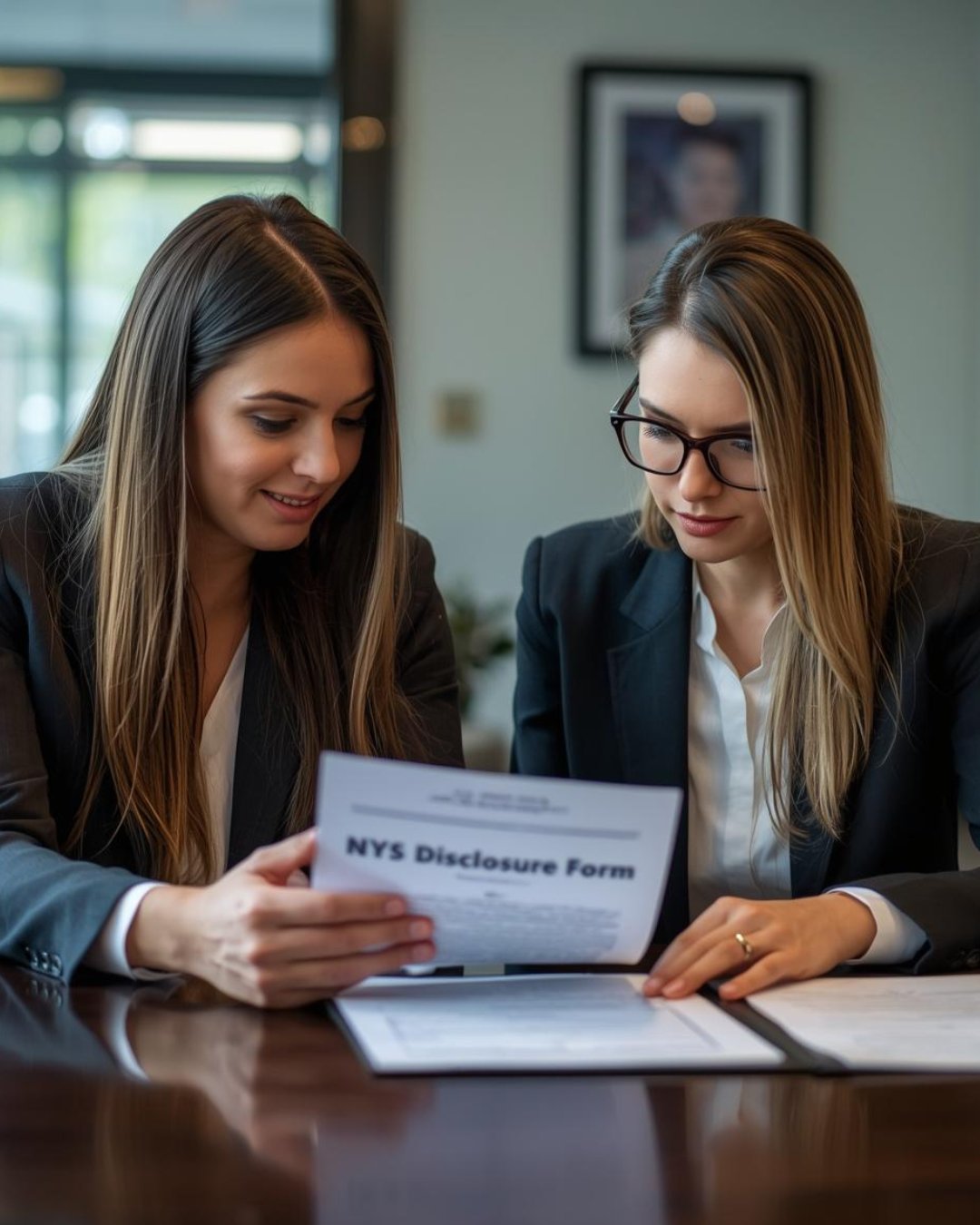 A real estate agent explaining New York State disclosure forms to a homebuyer in Chatham, NY.