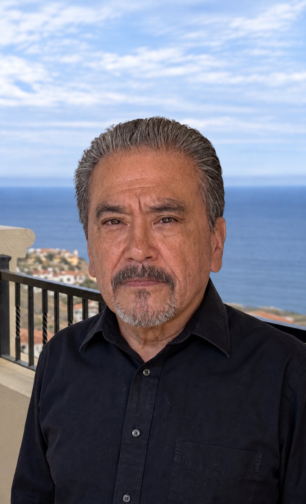 Rudy Lira on a balcony with the ocean behind him