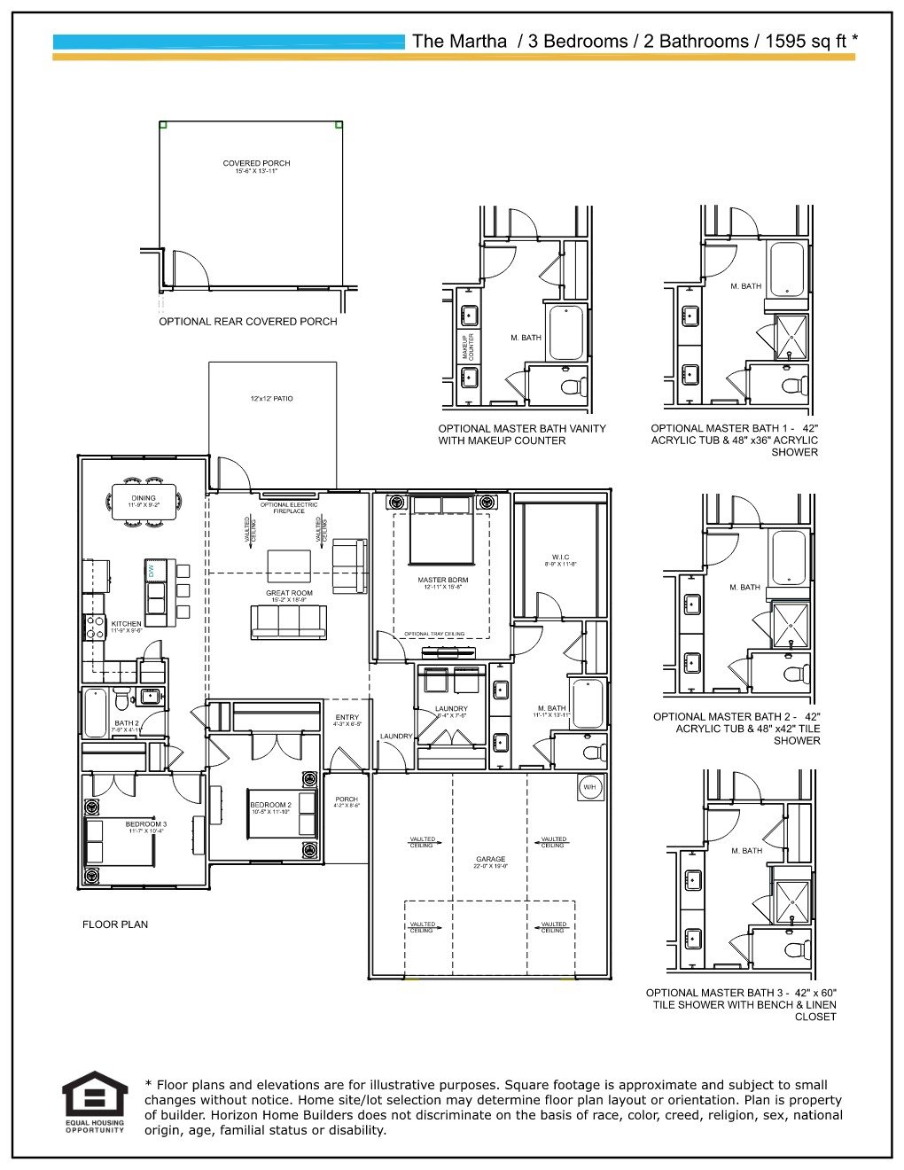Martha floor plan with three bedrooms, two bathrooms, a garage, and three optional master bathroom layouts.