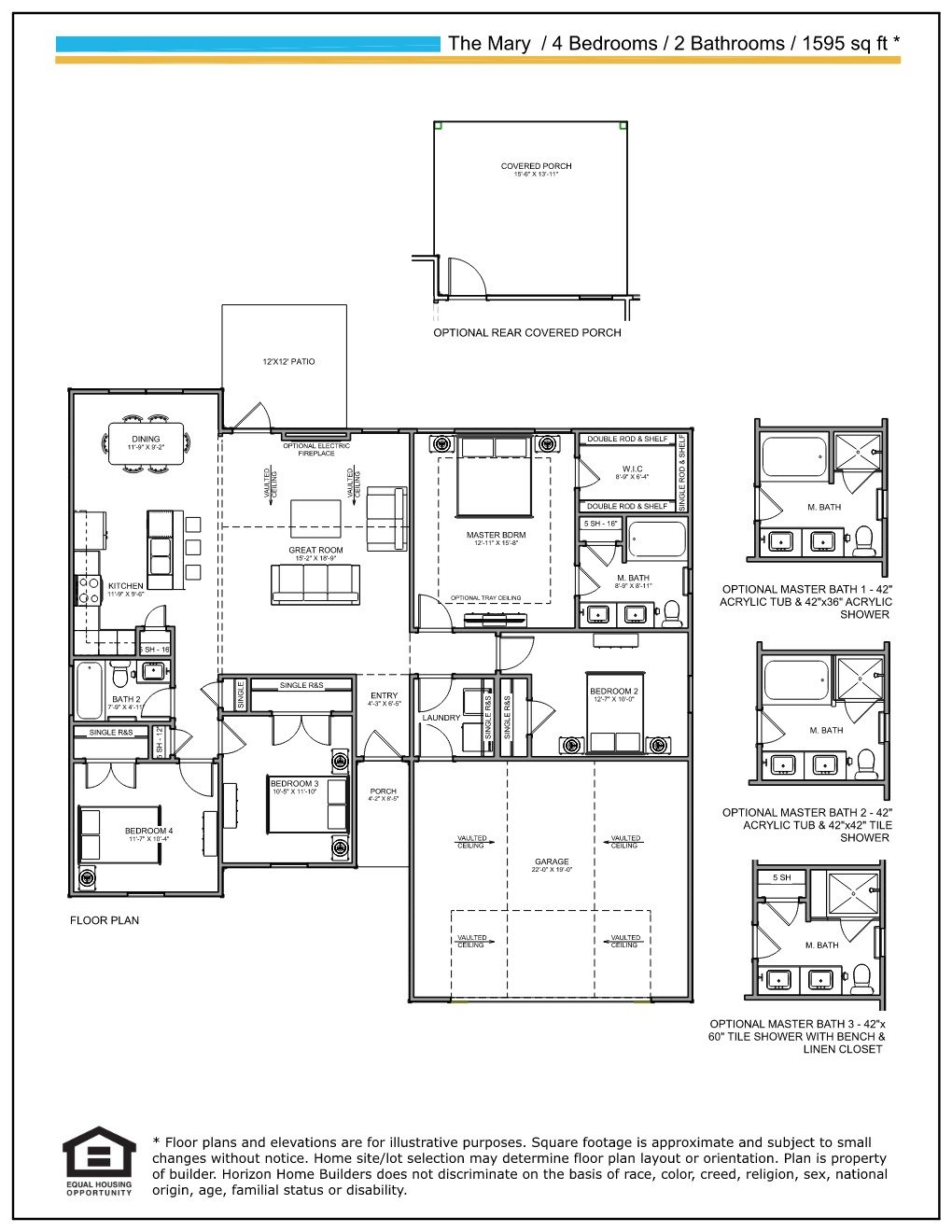 The Mary four-bedroom, two-bathroom floor plan with garage, porch, and optional master bath layouts.