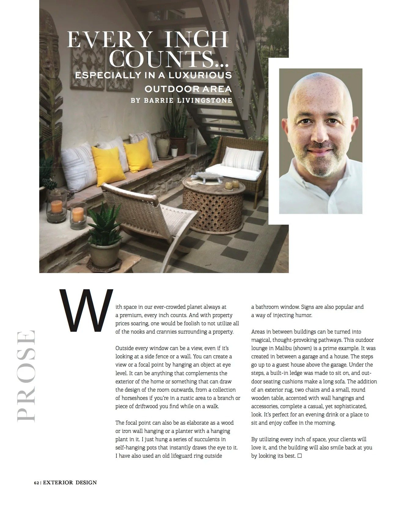 Exterior Design article page about maximizing outdoor space, with a furnished patio photo and Barrie Livingstone’s portrait.