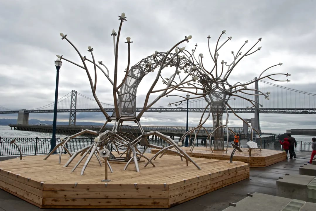 A large, stainless steel sculpture by the Flaming Lotus Girls, depicting two communicating neurons, rests on wooden platforms at Pier 14 in San Francisco. The sculpture features branching, illuminated dendrites and is set against a cloudy sky with the western span of the San Francisco-Oakland Bay Bridge visible in the background.