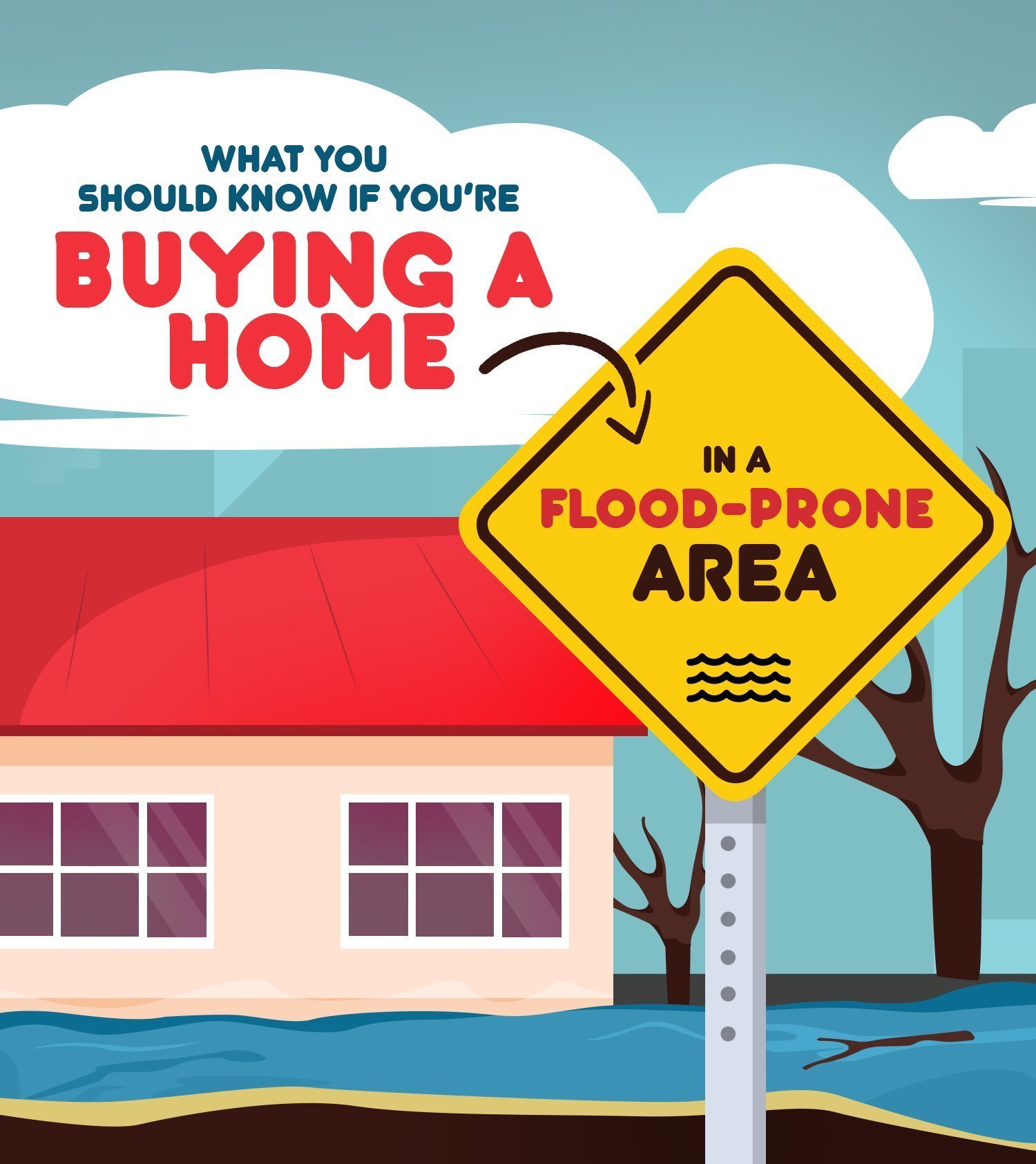 Buying a home in a flood-prone area: an illustrated house surrounded by floodwater and a warning sign.
