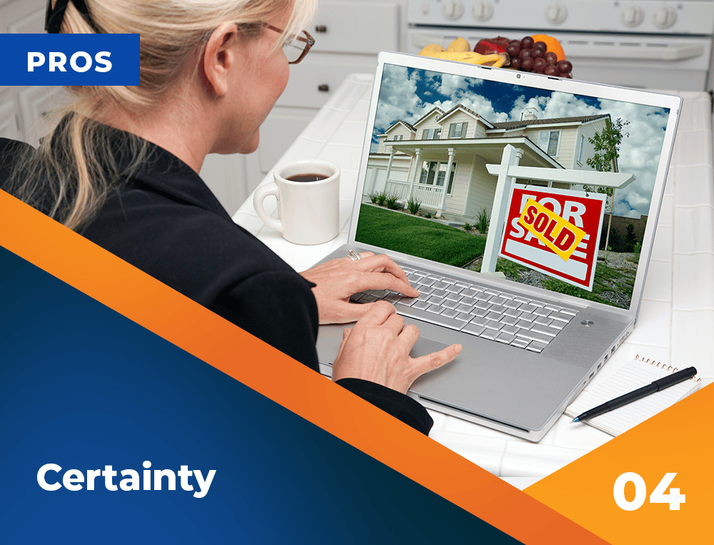 Real estate article graphic about certainty, with a woman viewing a sold home on her laptop.