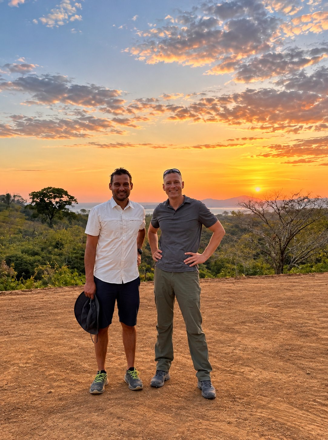 Two men on a dirt clearing overlooking hills beneath a colorful sunset