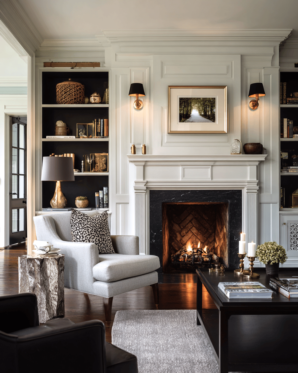 Living room with a lit stone-surround fireplace, white built-ins, and an upholstered armchair.