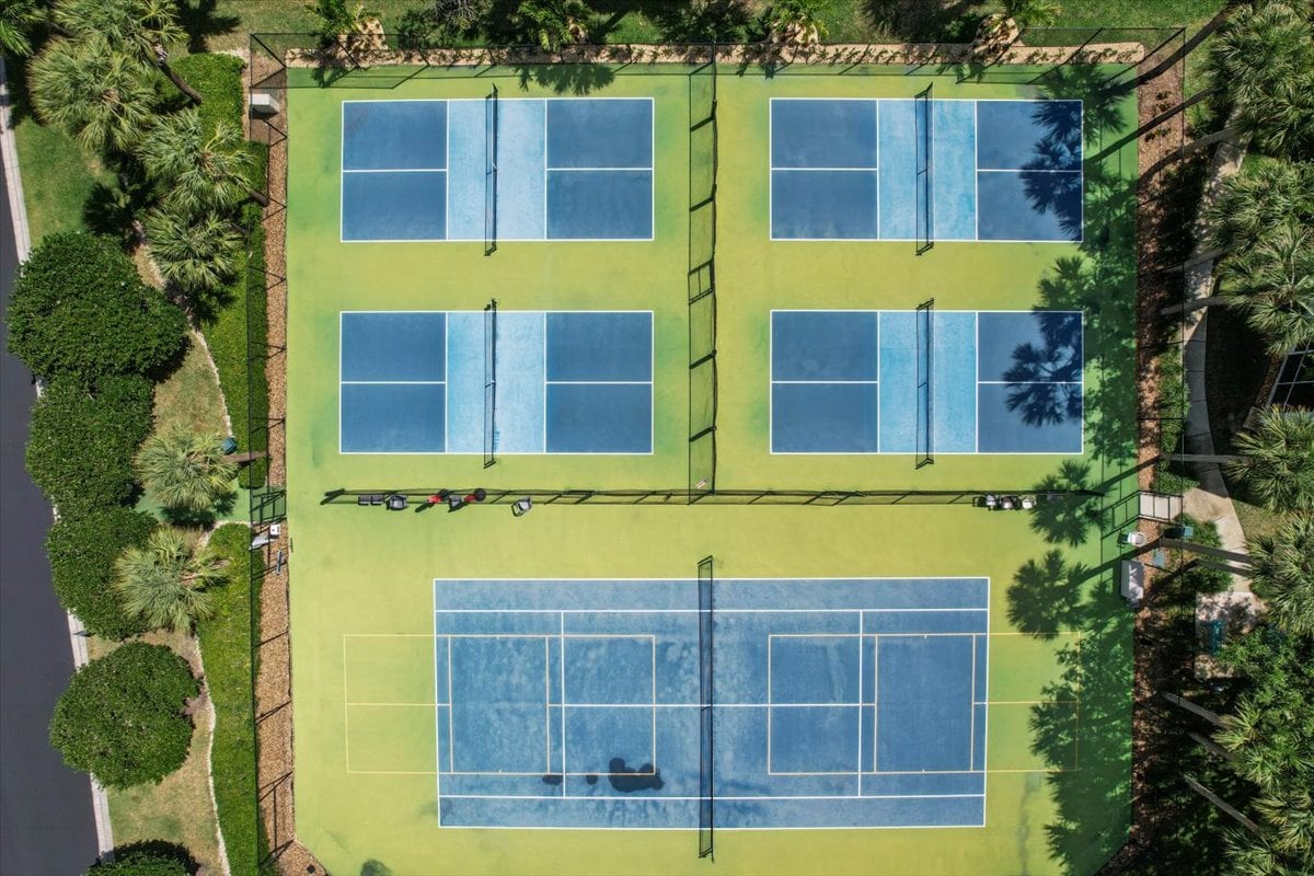 Aerial view of four small courts and a larger court surrounded by palm trees.