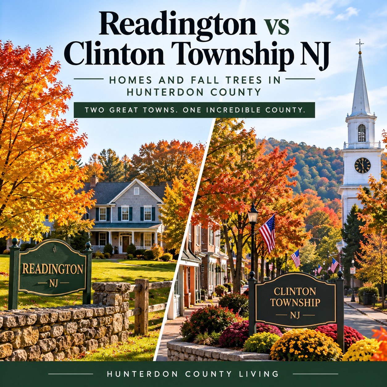 Readington vs Clinton Township NJ, homes and fall trees in Hunterdon County