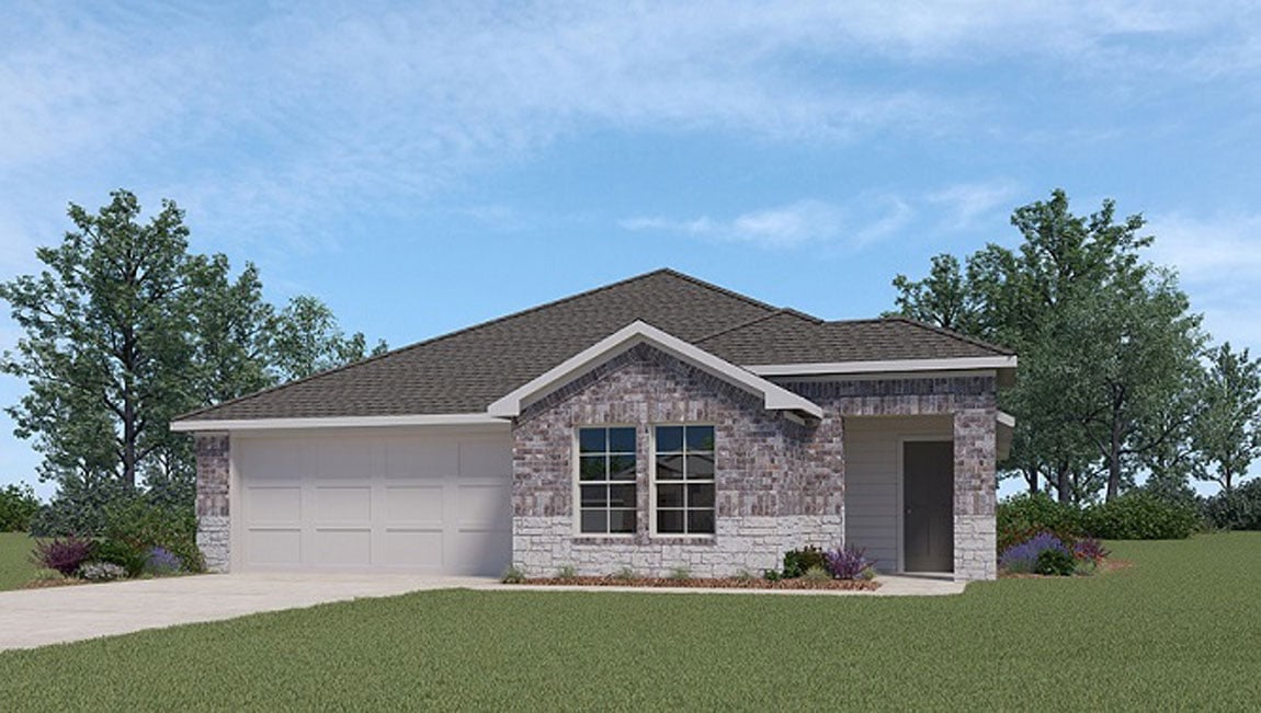 Single-story stone-and-brick house with an attached garage and covered entry.