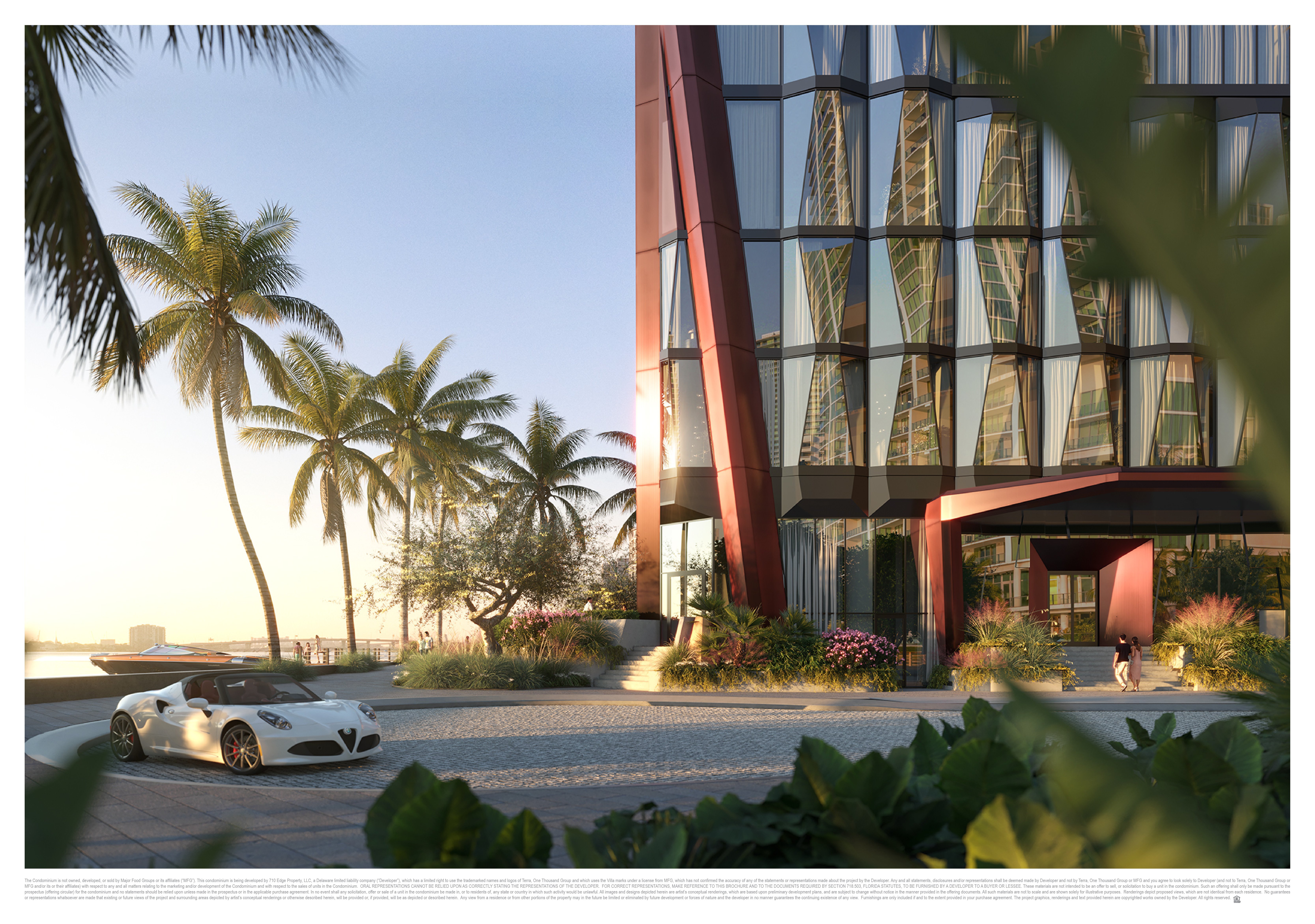 Rendering of Villa Miami's sculptural bronze facade and palm-lined arrival at sunset