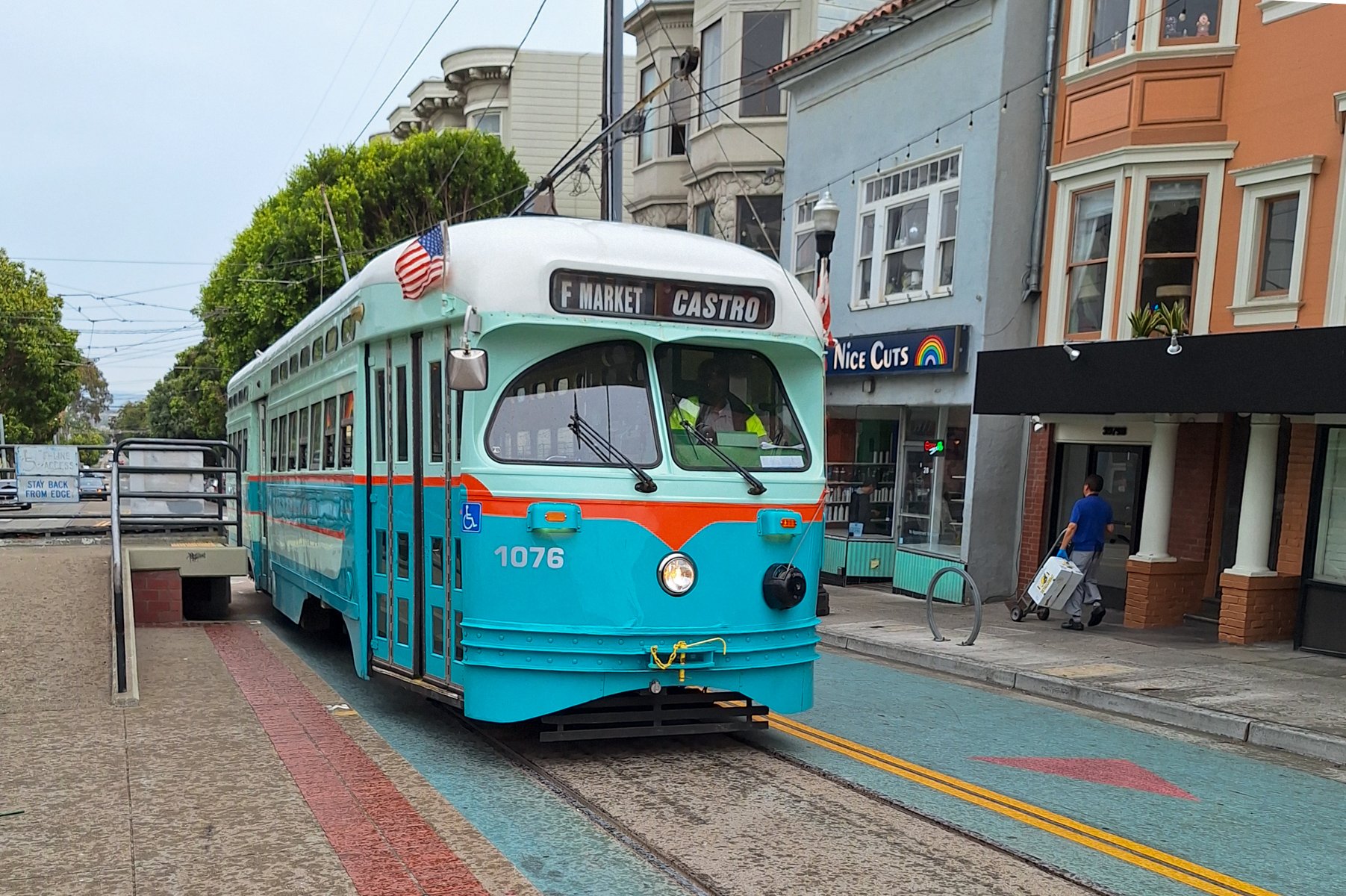 F Market streetcar arriving at Castro Station in San Francisco