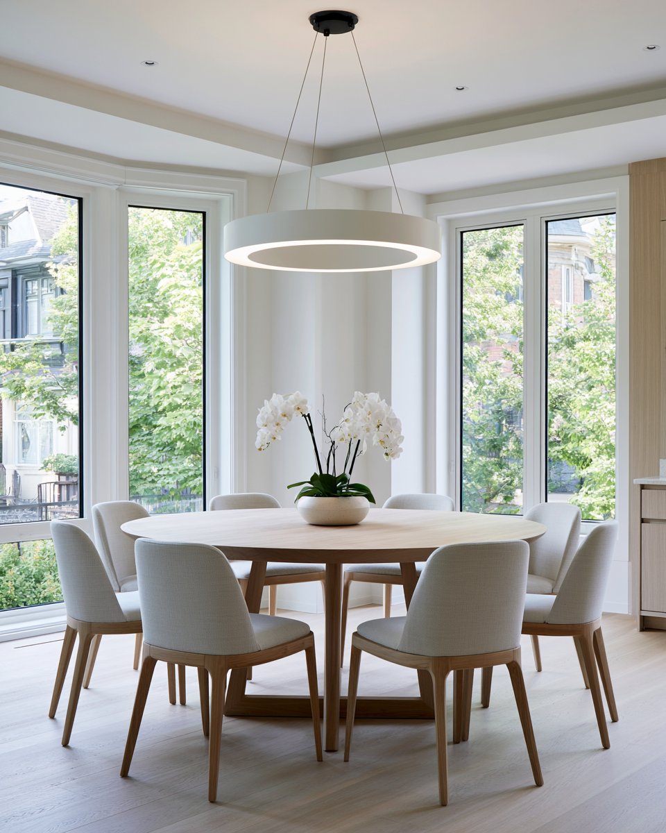 Dining room with a round wood table, upholstered chairs, and tall windows overlooking leafy trees.