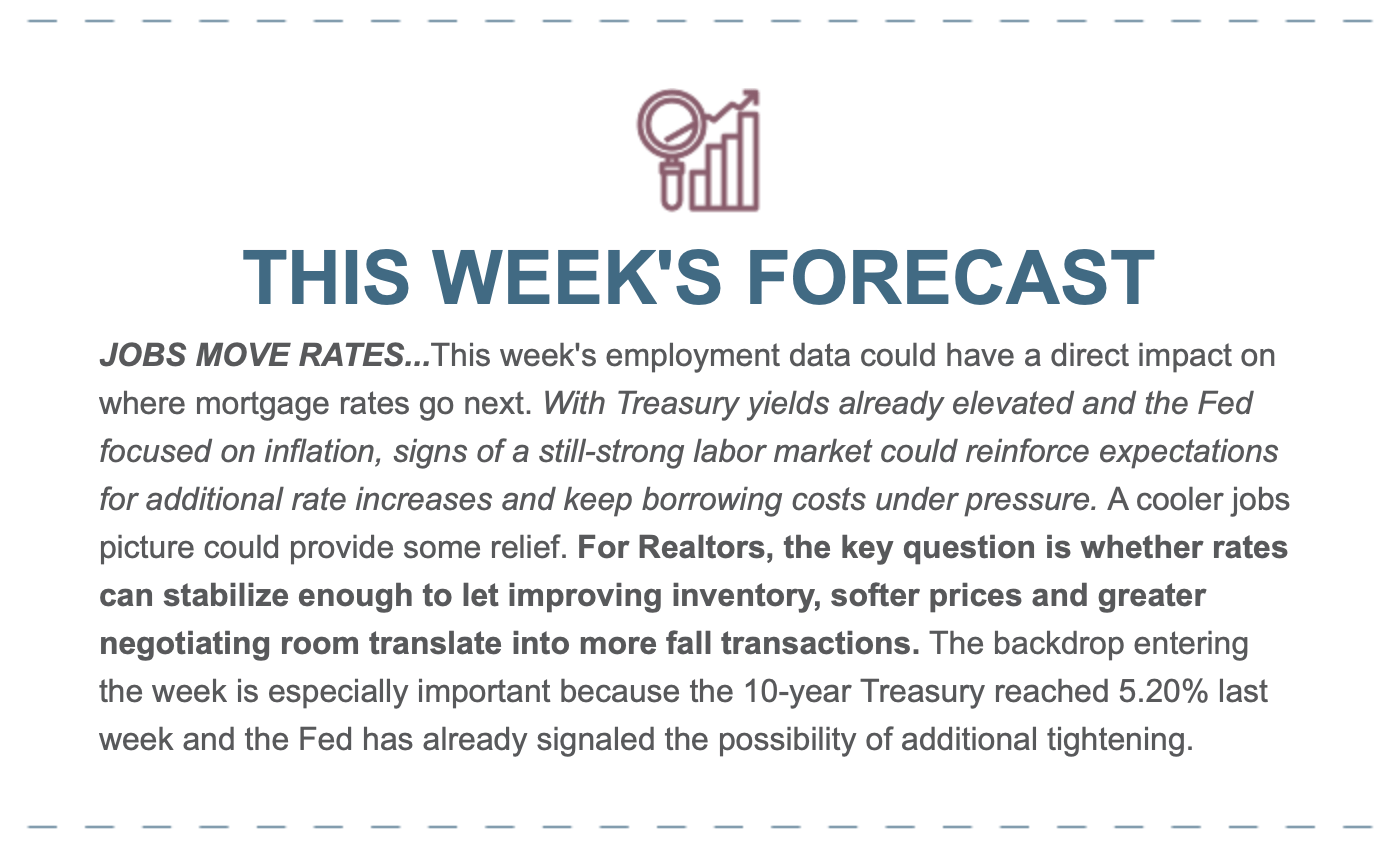 This week's forecast on employment data, mortgage rates, and fall home transactions.