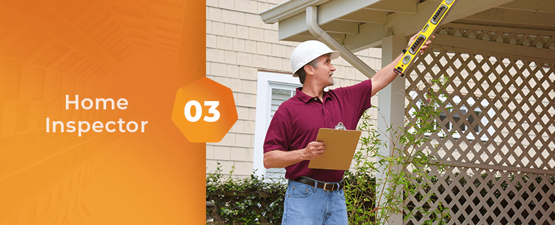 Home Inspector, number 03; an inspector checks a house eave with a level.