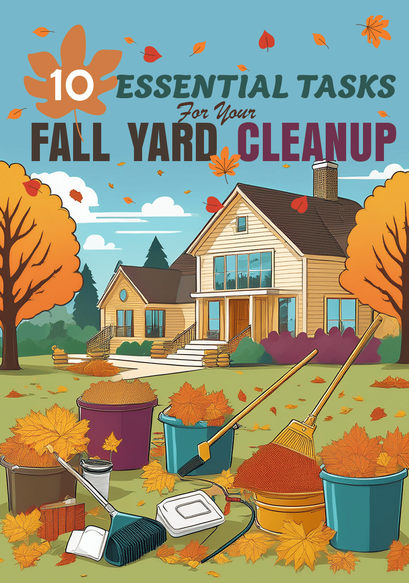 Fall yard cleanup checklist graphic with a house, autumn leaves, bins, and rakes.