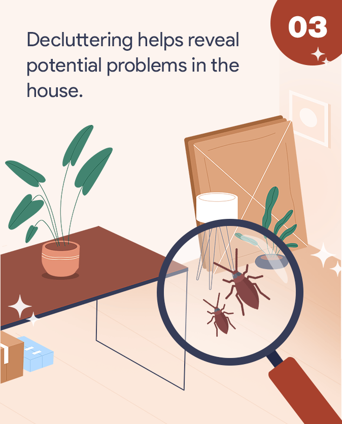 Illustration of a decluttered room with a magnifying glass highlighting two insects.