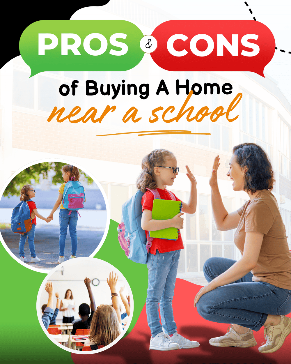 Graphic about the pros and cons of buying a home near a school, with children and classroom scenes.