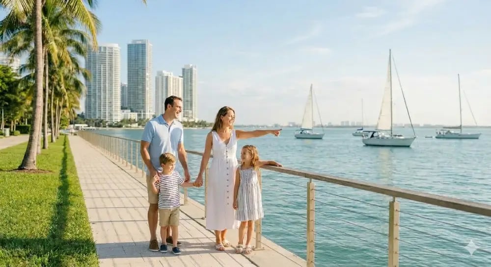A family of four enjoying a sunny morning at a waterfront park in Miami.