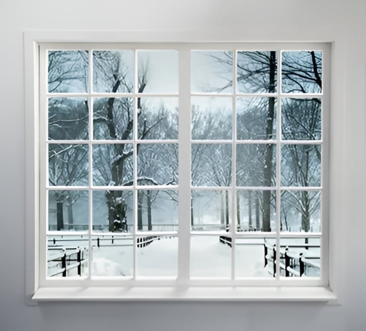 White multipane window overlooking snow-covered ground and leafless trees.