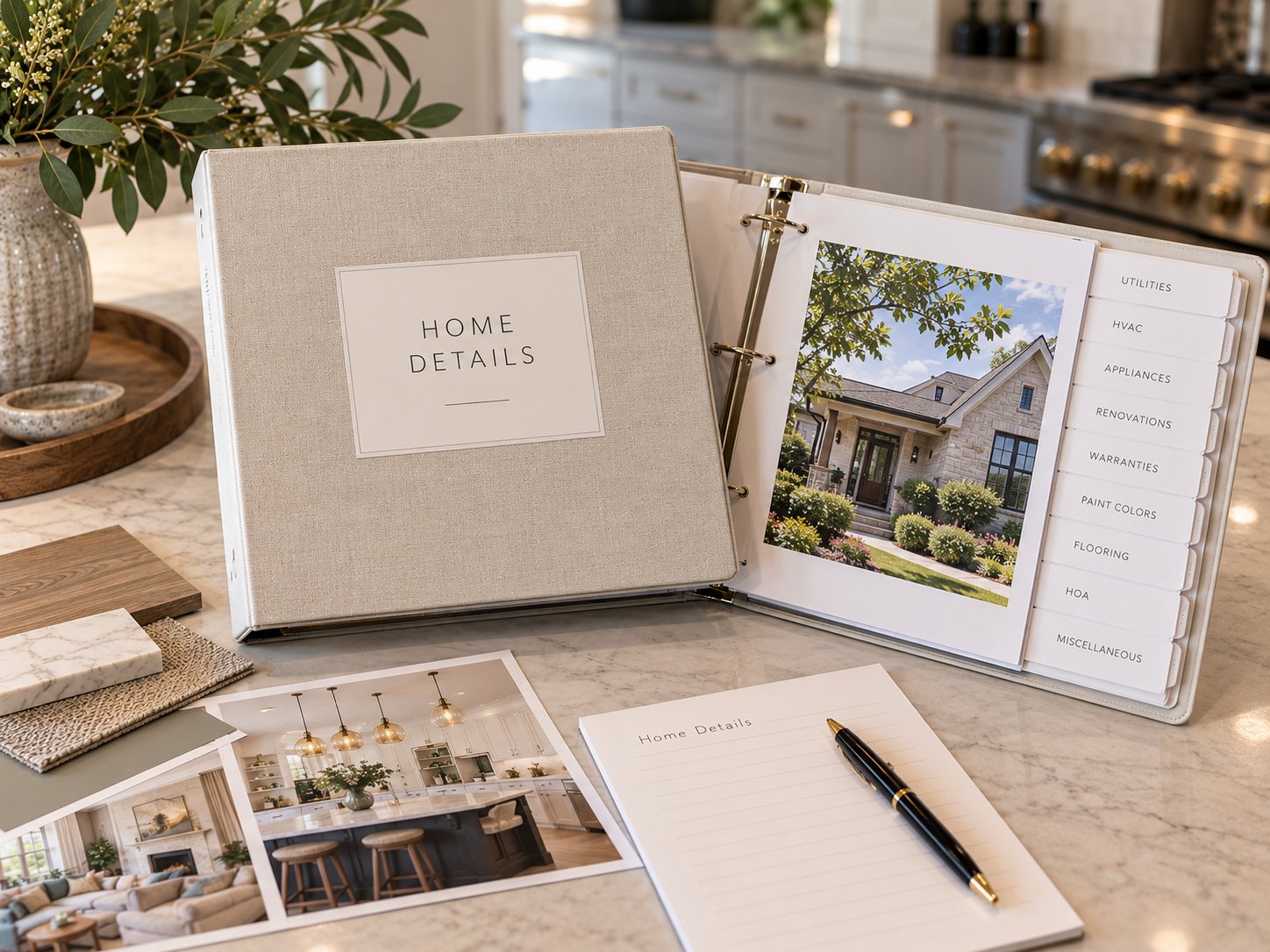 Home details binder with house photographs, categorized tabs, material samples, and a planning sheet.
