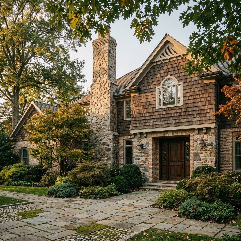 Upscale suburban home with stone and brick exterior in warm late-afternoon light