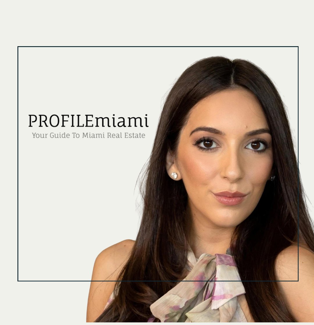 Woman with long dark hair in a pale patterned blouse beside PROFILEmiami branding.