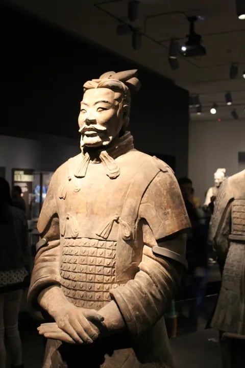 A remarkably preserved Terracotta Warrior on exhibition. The dim, focused lighting not only protects the ancient clay but also accentuates the intricate details of the uniform and the distinct, stoic facial expression.