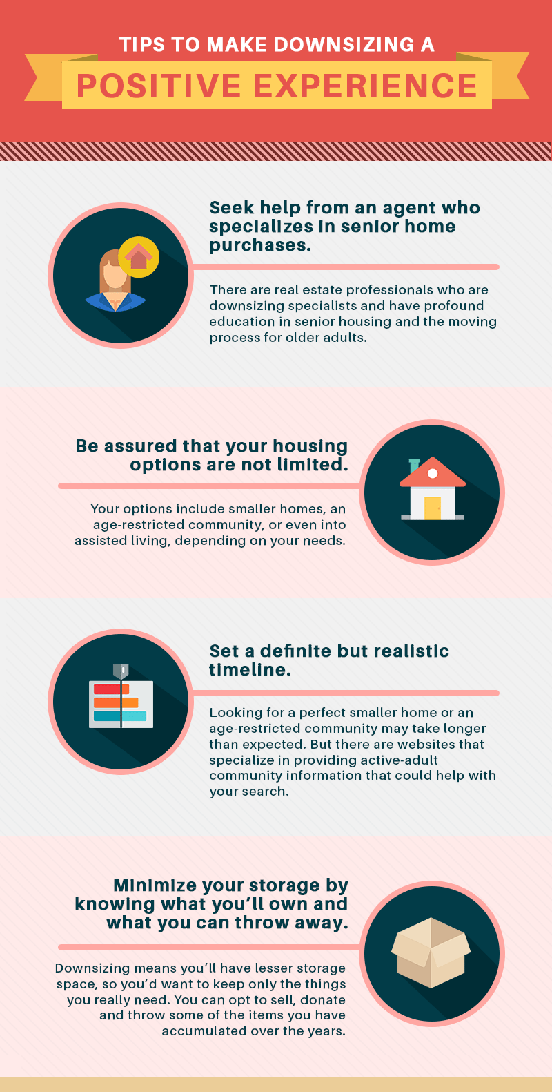 Downsizing advice infographic for empty nesters, with tips on agents, housing options, timing, and storage.