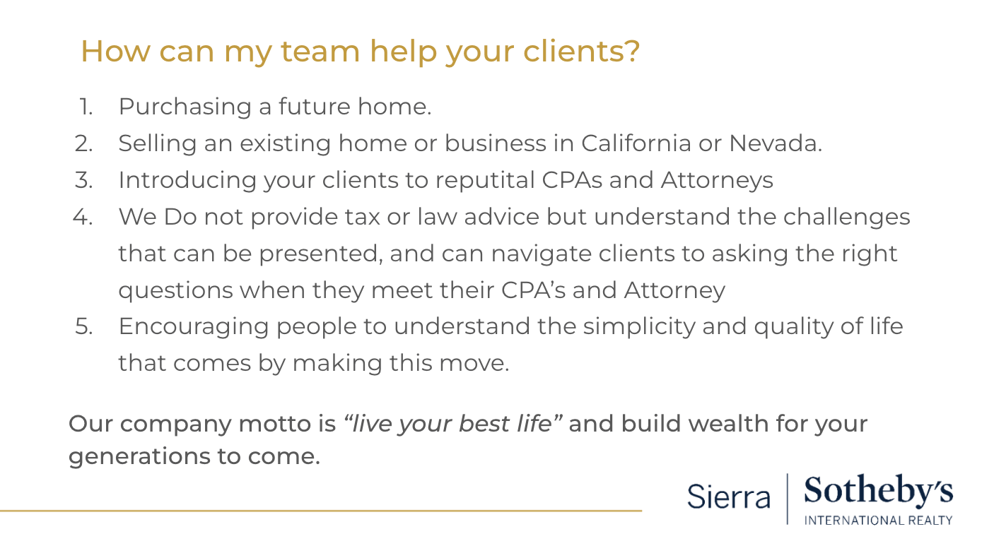 Graphic listing real estate client services and promoting a move to Nevada for quality of life and wealth building.