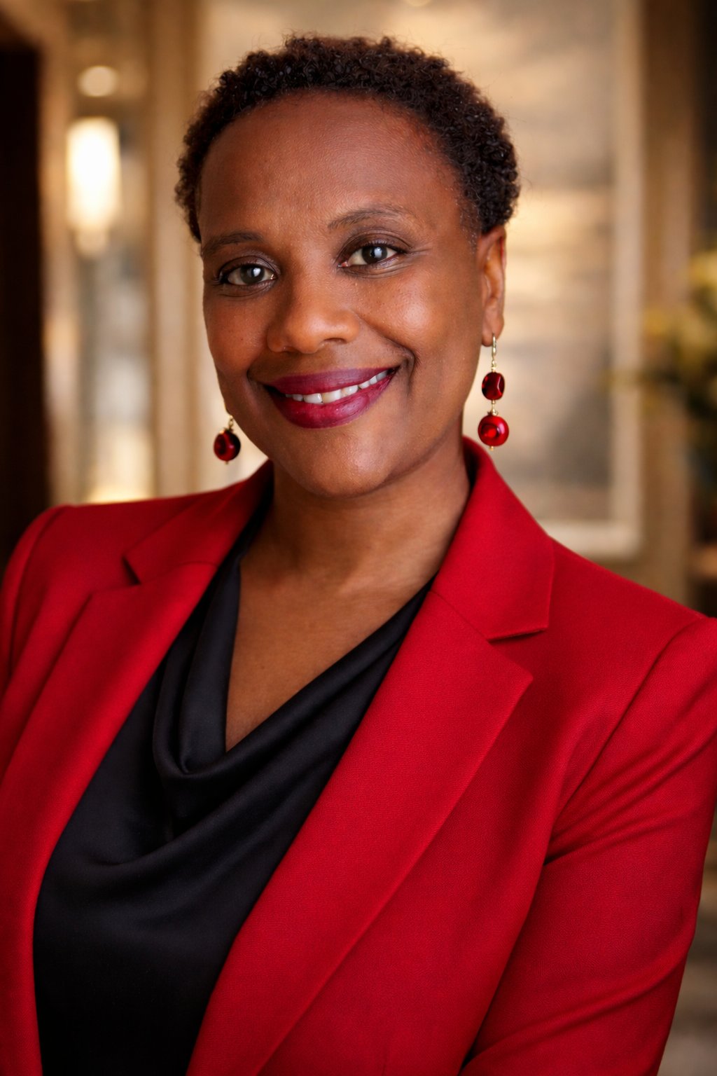 Lisa McPherson, smiling in a red blazer and red drop earrings.