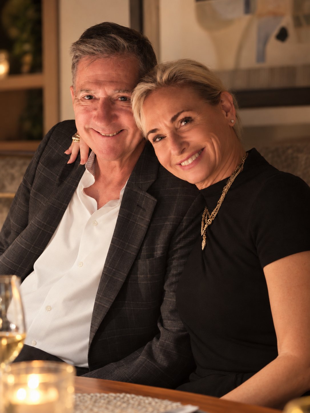 Smiling couple seated together, the woman leaning against the man in a checked blazer.