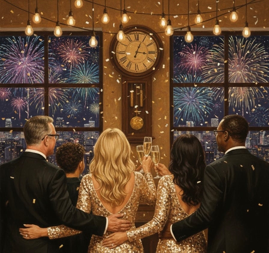 New Year's Day greeting card-style image with 2026 calendar, cozy home interior, fresh snow outside, and text 'From our family to yours' wishing opportunity, growth, and happy homes from Meridian Group Real Estate.