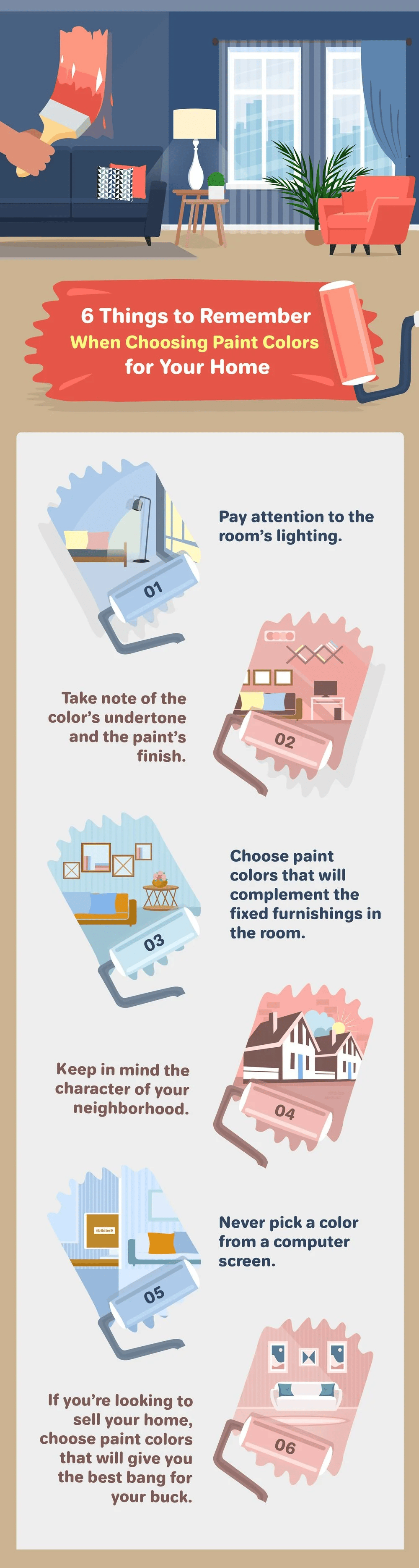 Infographic with six tips for choosing home paint colors, illustrated with paint rollers and room scenes.