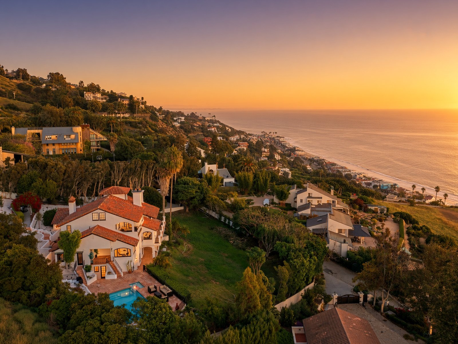 Aerial view at sunset of 3909 Villa Costera above the Malibu coastline