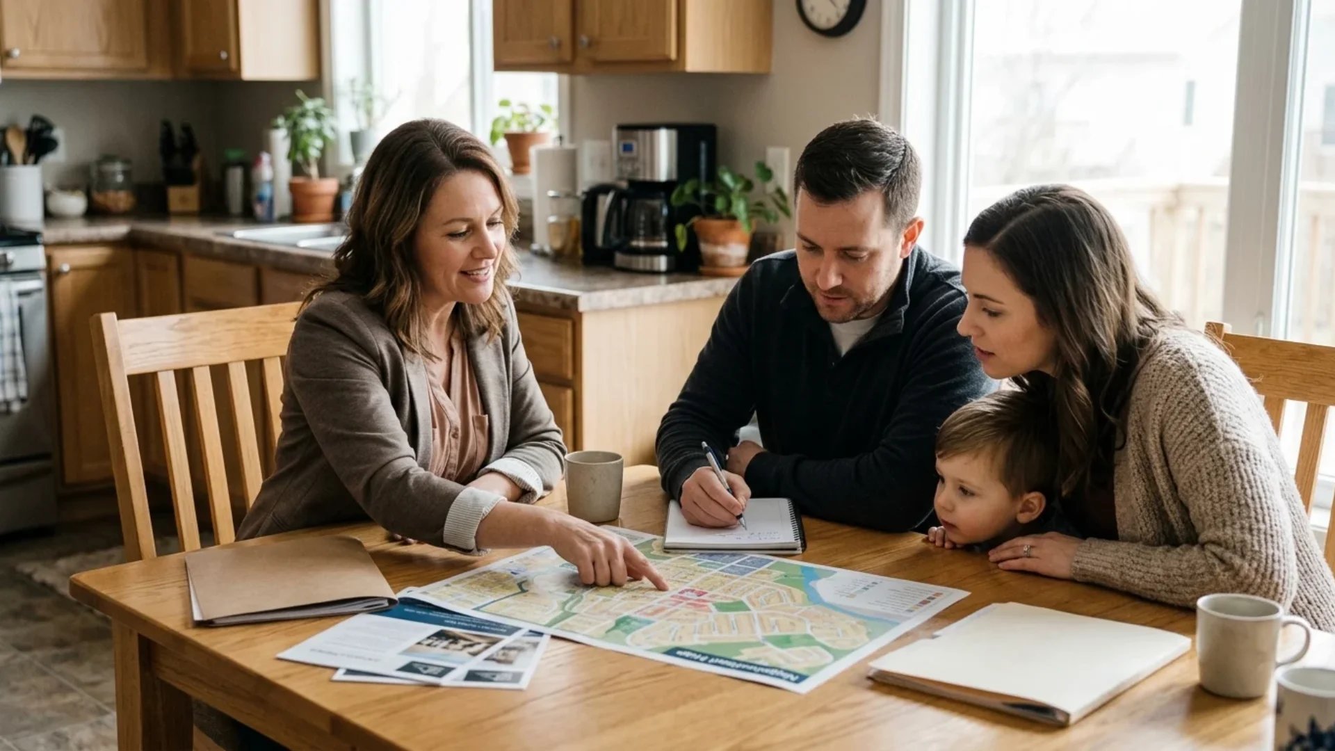 A family reviews a neighborhood map at their kitchen table with a real estate agent.