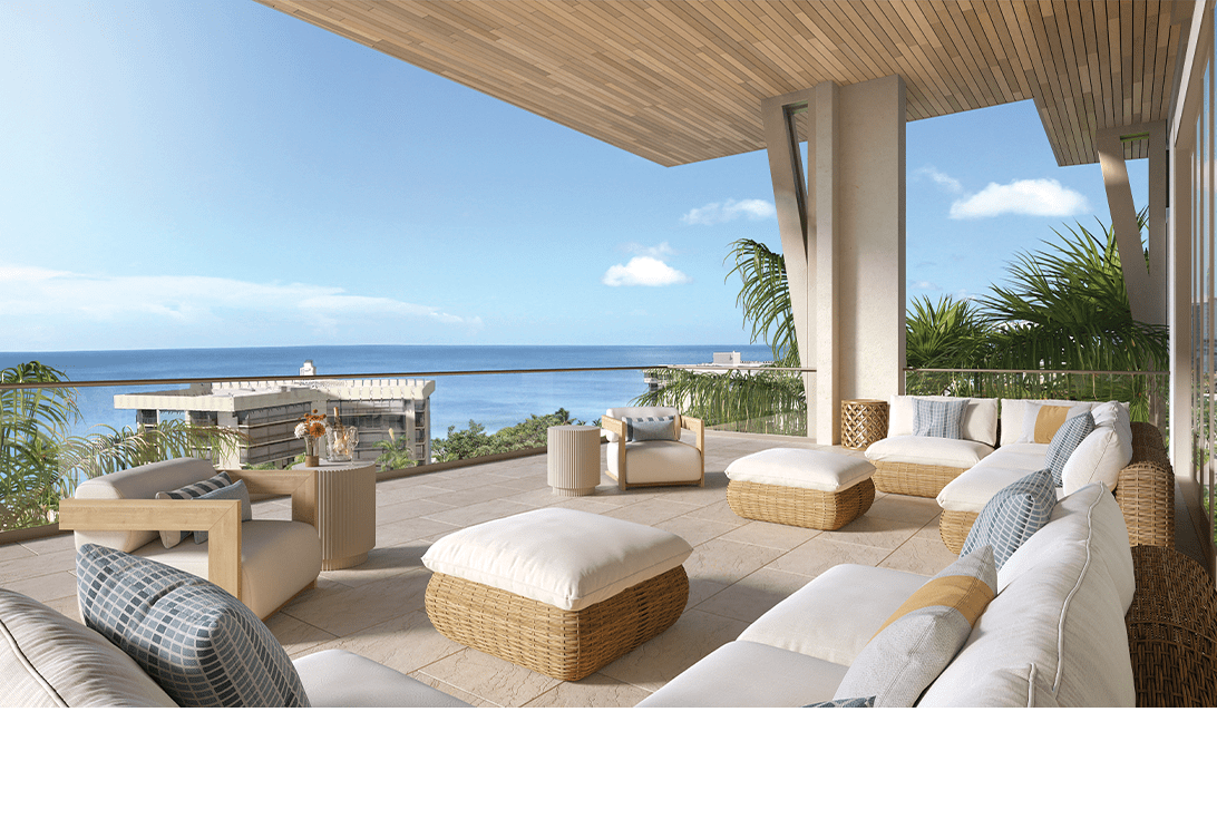 Rendering of a covered terrace with lounge seating and Gulf views at 3300 Gulf Shore, Naples