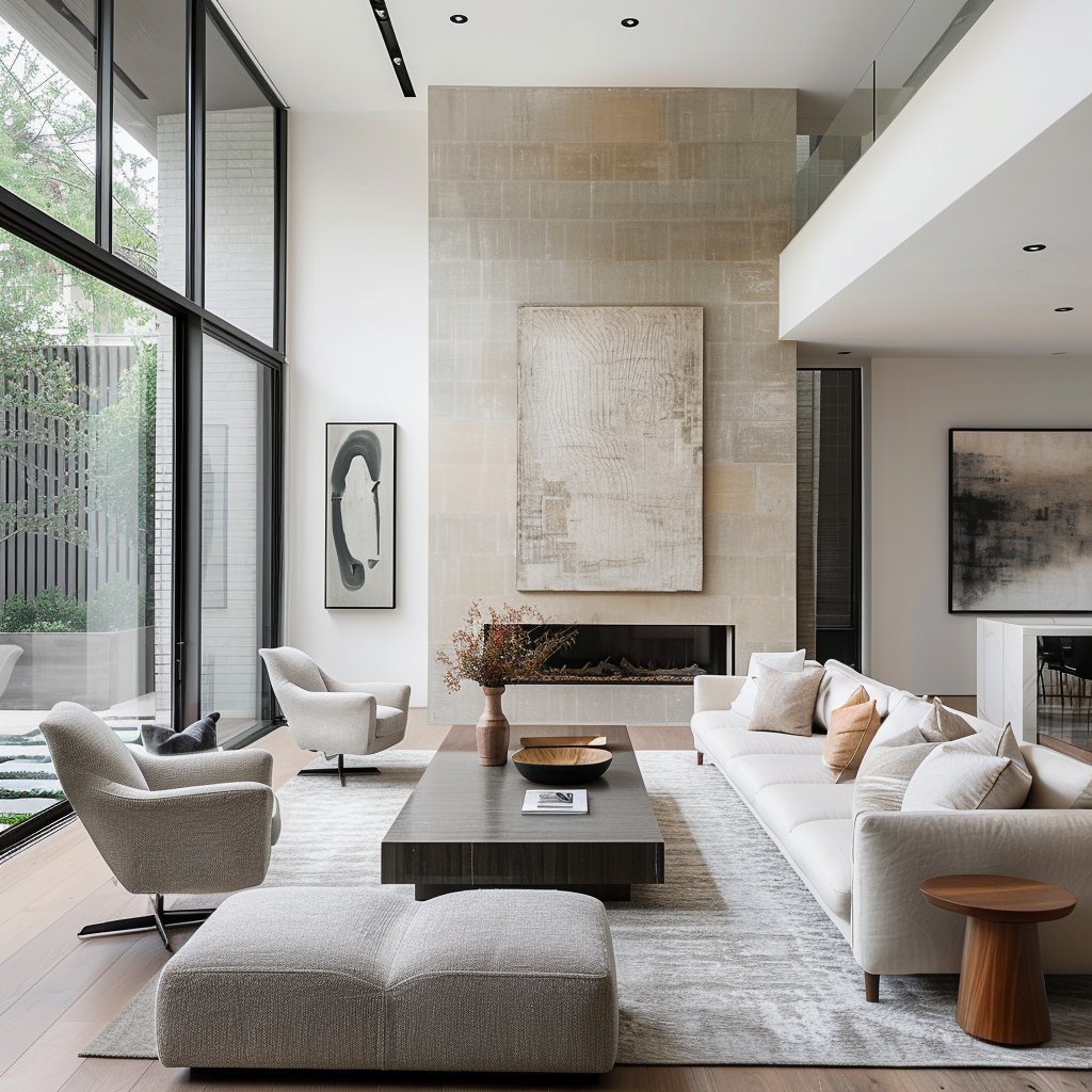 Modern living room with a floor-to-ceiling stone fireplace and large windows.