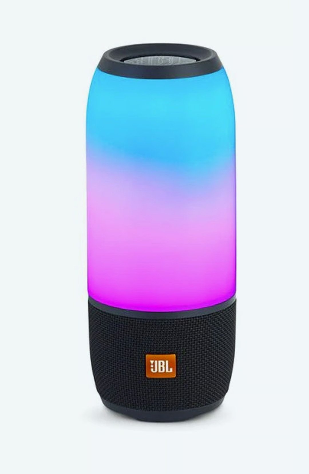 JBL portable speaker glowing blue and magenta above a black fabric-covered base.