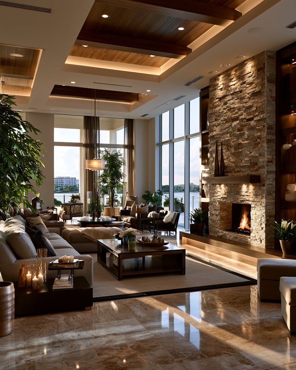 Living room with a tall stone fireplace, vaulted wood ceiling, and floor-to-ceiling windows overlooking the water.