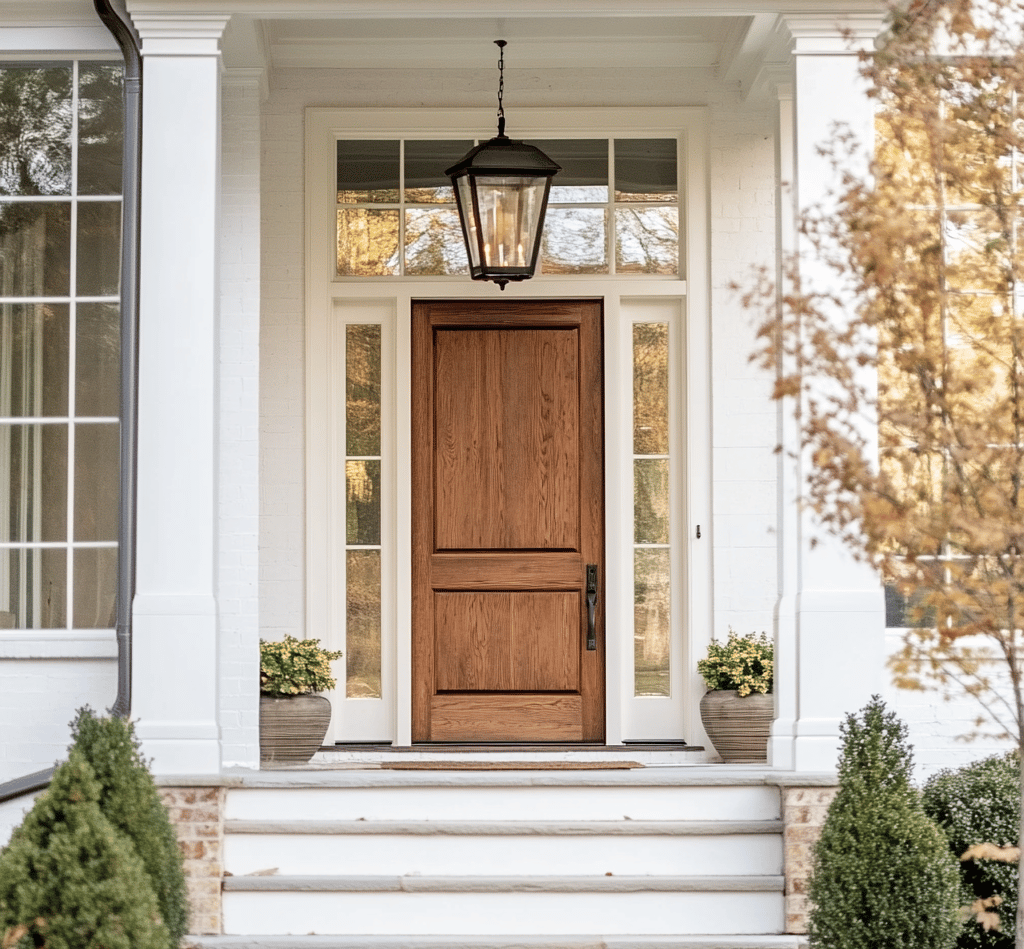 Home entrance with a wood paneled door, white columns, and hanging lantern.
