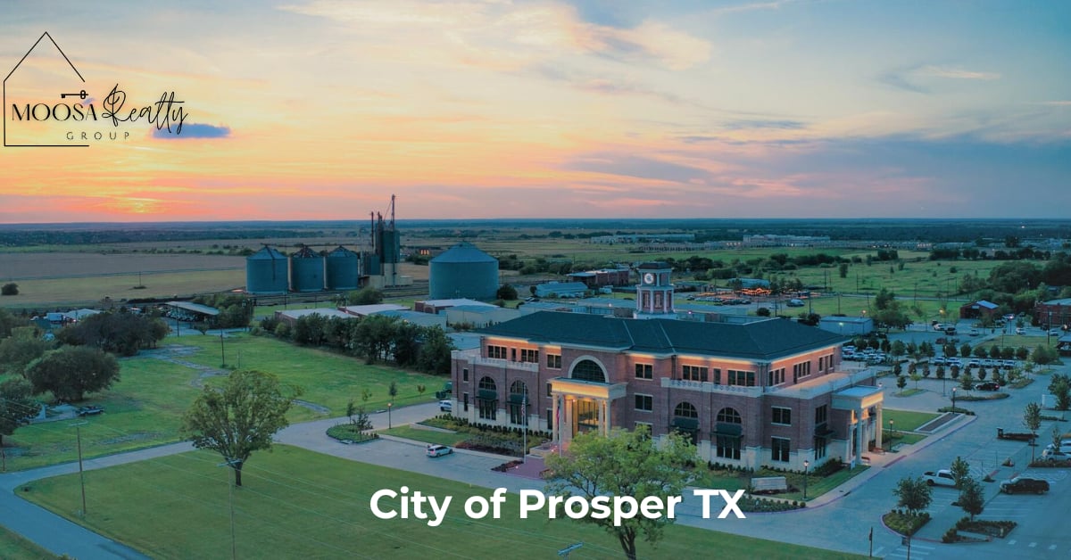 Aerial sunset view of Prosper Town Hall and the City of Prosper TX skyline, showcasing the small-town charm and open space that makes Prosper one of the most desirable cities in North DFW.