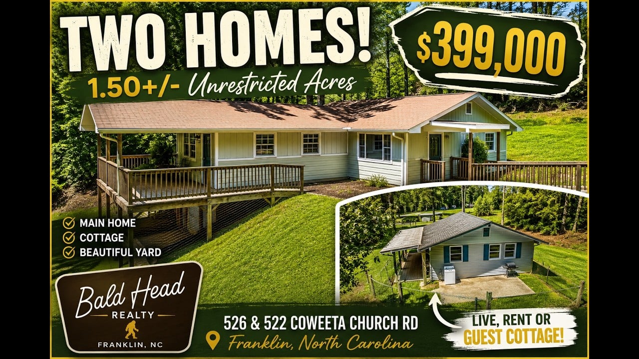Promotional graphic for two homes on 1.50 acres in Franklin, North Carolina, listed for $399,000.