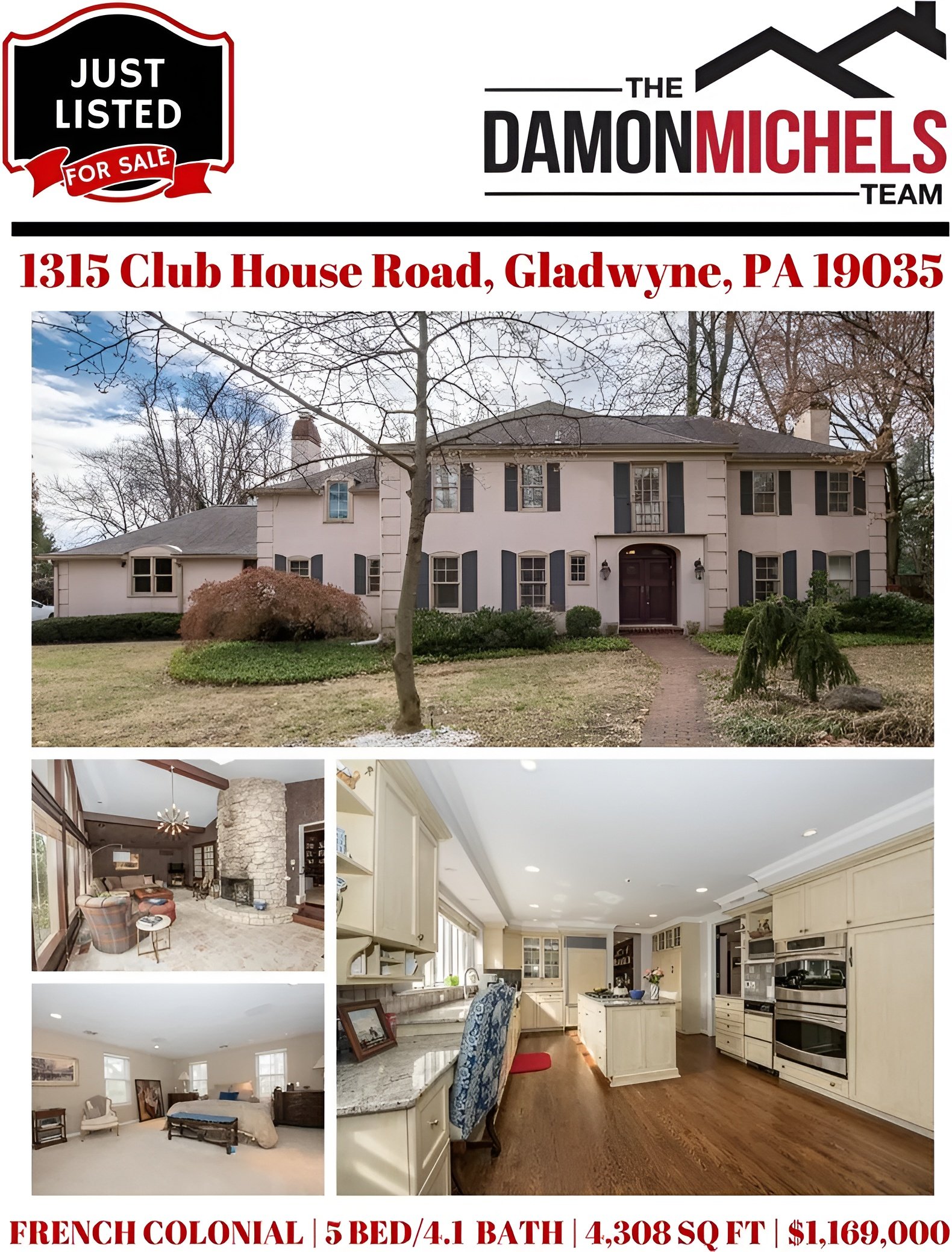 Listing flyer for 1315 Club House Road, featuring the home’s exterior, kitchen, living room, and bedroom.