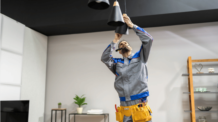Worker adjusting black pendant lights in a modern living room.