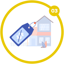 Number 03 icon showing a house and a dollar-marked price tag.